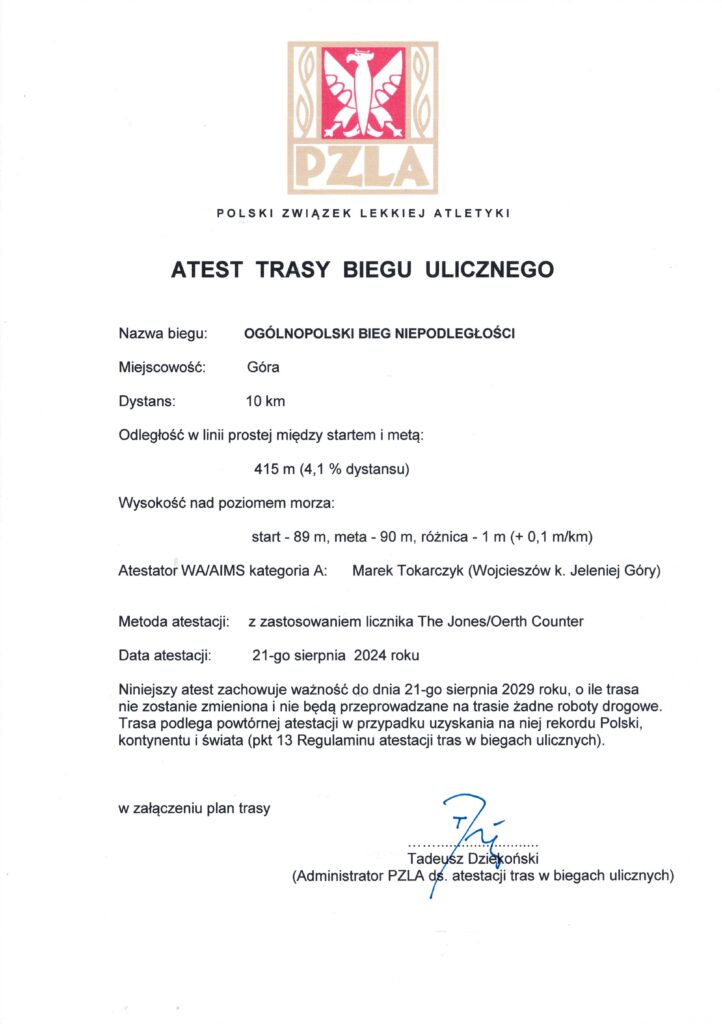 zdjęcie certyfikat trasy biegu głównego